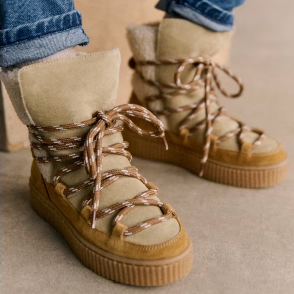 Sezane Tessa Honey Split Cowhide Leather / Shearling Boots
